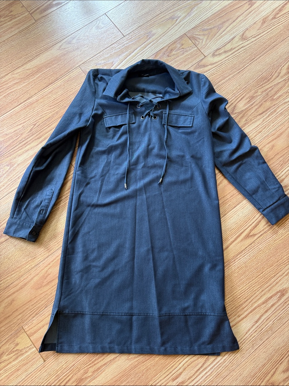 Sharagano Lace Up Utility Shirt Dress Slate Blue Gray Long Sleeve Pockets sz 6